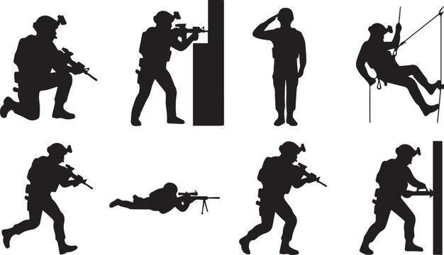 Set of black silhouettes featuring soldiers in various tactical actions including shooting aiming saluting rappelling and sniping poses
