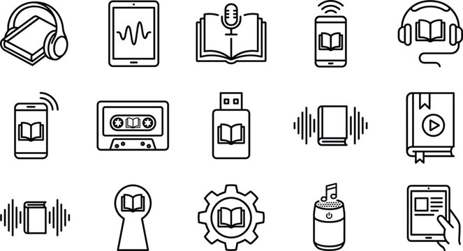 Audiobook and digital reading line icon vector set featuring headphones e-book smartphone cassette audio wave and player elements