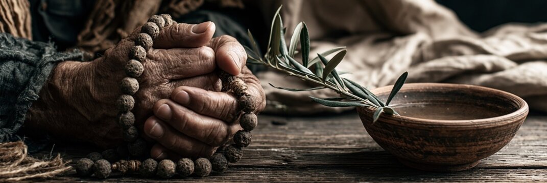 Closeup of weathered hands grasping rough prayer beads beside a fragile olive twig and a small clay bowl filled with water detailed on a rustic wooden table with linen drapery
