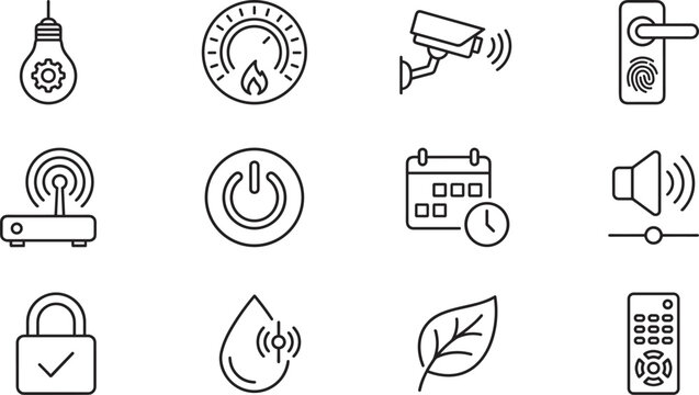 Smart home automation and security line icon vector set featuring thermostat camera lock router power leaf and remote elements
