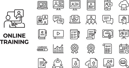 a clean, modern online training and e-learning icon set featuring a structured grid of simple line © alone