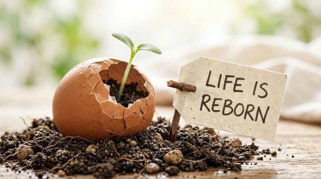 New life sprouts from broken eggshell in soil