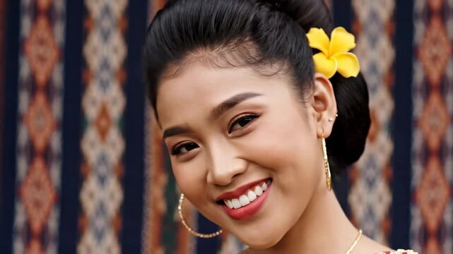 Radiant Southeast Asian Woman Smiling with Traditional Flower and Jewelry ideal for Cultural and Beauty Promotions.