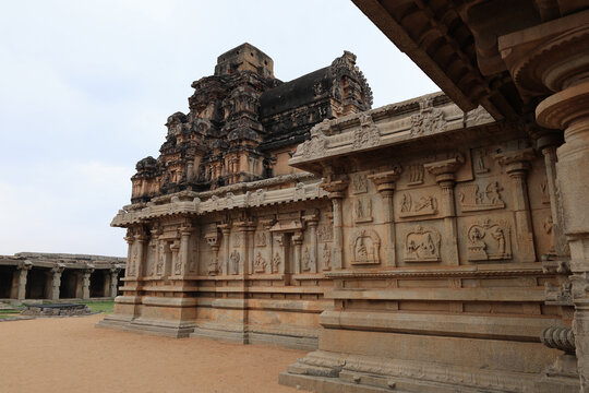 Hazara Rama Temple with Intricately Carved Stone Walls in Hampi, Karnataka, India
