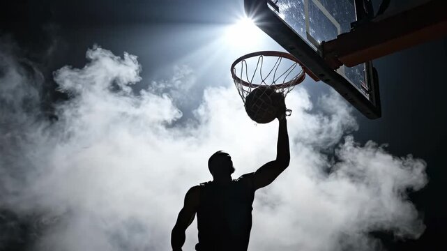 Cinematic Basketball Silhouette of Player Jumping to Dunk Amidst Thick White Smoke and Intense Backlight perfect for sports advertising and motivational videos.