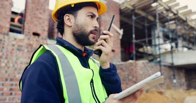 Construction, tablet or man on worksite with radio, task brief or inspection update in chat. Industrial, communication or engineer with tech, progress report or project coordination in feedback.