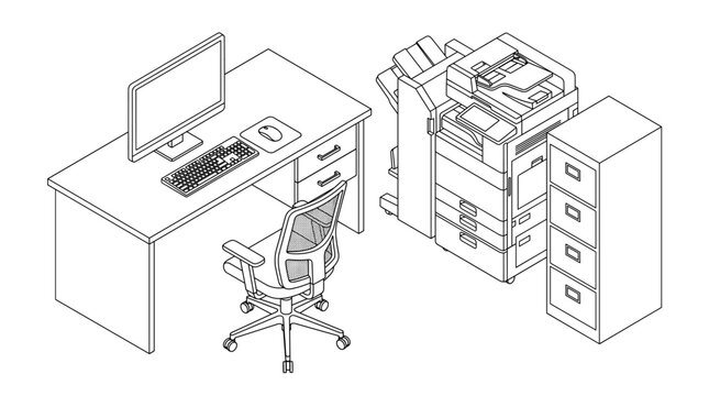 Isometric Office Workspace Line Art Illustration