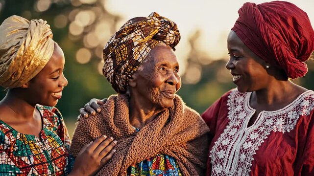 Generational Bond: Three Generations of Smiling African Women in Traditional Headwraps and Vibrant Clothing, Ideal for Cultural Heritage Projects.
