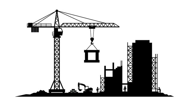 Black silhouette of tower crane and construction site