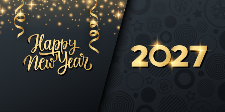 2027 Happy New Year holiday banner. Hand lettering greetings. Glittering sparks and gold serpentine ribbons on black background. Vector illustration.