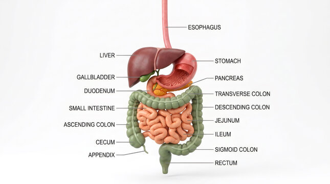 Human Digestive System Anatomy Diagram with Labeled Organs