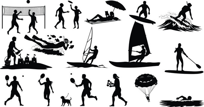 Summer Beach Activities Silhouettes Set - Water Sports, Volleyball, Surfing, Scuba Diving, and Sunbathing Vector Illustrations