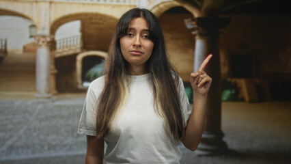 Fototapeta premium Woman points finger upward in old town building courtyard, white t shirt and lip piercing visible; skepticism caution.