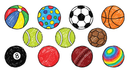 Obraz premium Collection of various sports balls and toys drawn in a colorful, childlike crayon style.