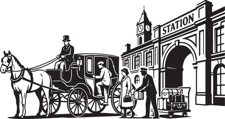 Obraz premium Vintage horse-drawn carriage, station scene, black and white illustration, Victorian era, transportation icons