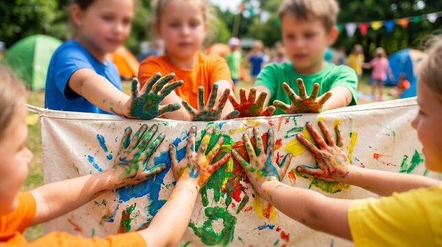  Group of children making colorful handprints on canvas outdoors. Creative art activities and teamwork concept at summer camp.