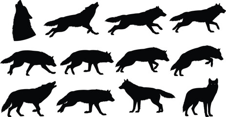 Obraz premium Wolf Silhouettes Collection Set with Howling and Running Poses Vector Illustration