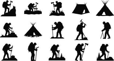 Lumberjack and Woodsman Silhouettes Collection Set with Hikers and Tents Vector Illustration © Nurjahan