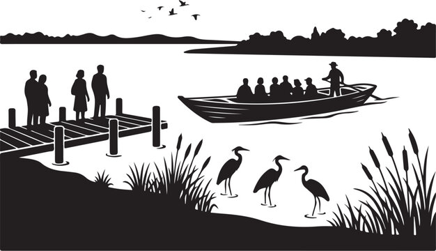 Black silhouette lake scene, people on dock and boat, herons by reeds, vector illustration