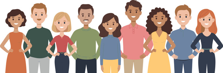 Obraz premium Diverse group of happy multiethnic people standing together smiling, multicultural men and women community, unity and inclusion social diversity concept.