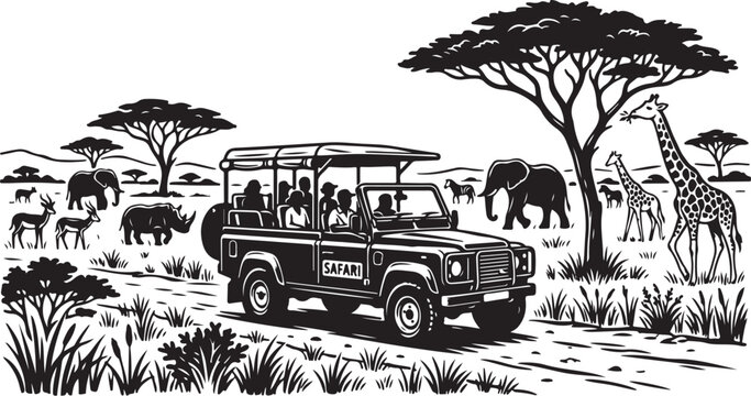 Safari vehicle, wildlife tour, African savannah, black and white illustration, vector graphics