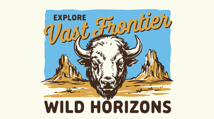 Vast frontier adventure vintage print design for tshirt. Explore more. Wild horizons bison artwork. National park poster. © panji
