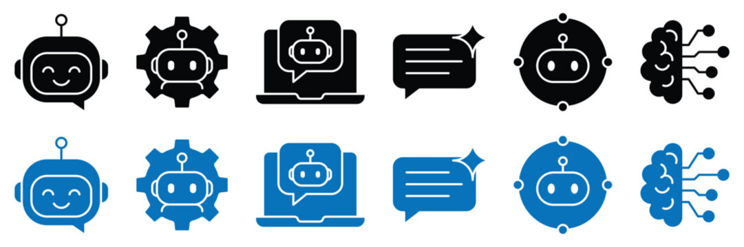 Artificial intelligence agent solid icon set with robot head chatbot computer screen message bubble global network and digital brain vector illustration.