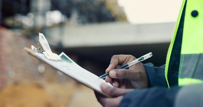Hands, writing and engineer with clipboard for construction, inspection and compliance for safety. Person, supervisor and notes with checklist, quality assurance and information for building progress