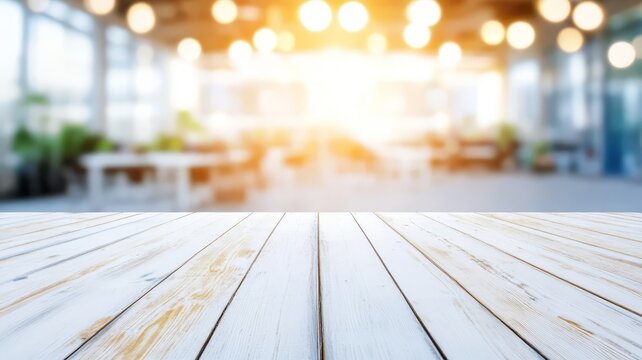 Rustic white wooden table surface against blurred bright modern office interior background for business display.