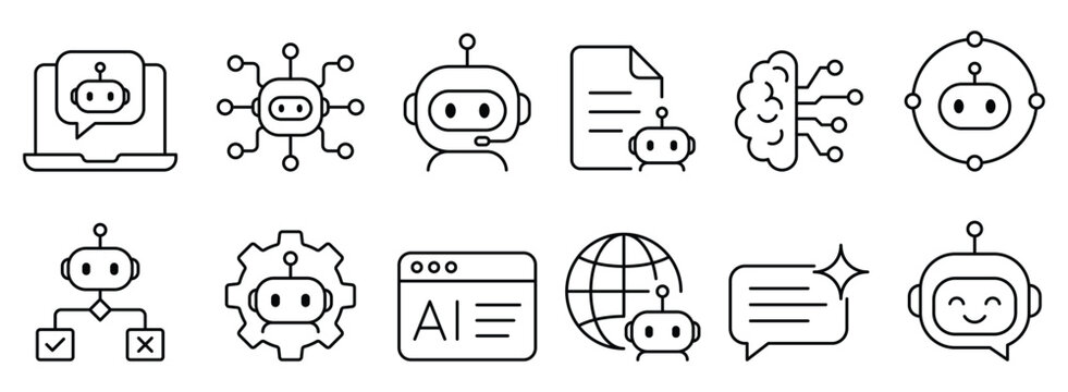 Ai agent icon set with robot chatbot assistant machine learning technology automatic process data flow logic decision online chat browser global network. Vector illustration.