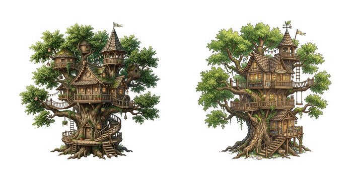 Whimsical treehouse villages built into giant intertwined trees with lush green foliage isolated on transparent background