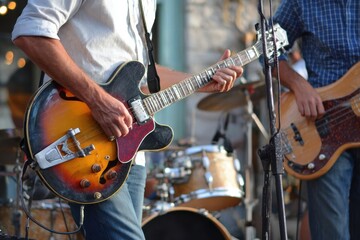 Fototapeta premium Close-up of guitarist and bassist playing electric guitars during a live band performance at an outdoor gig