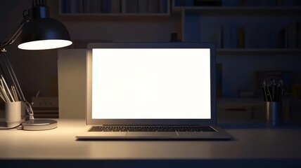 Fototapeta premium Modern laptop with empty white screen on a dark workspace desk with task lamp illuminated.