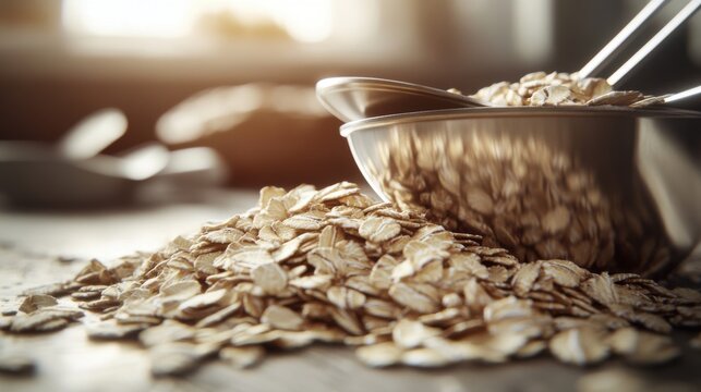 Shiny stainless steel measuring spoon resting on a heap of oatmeal