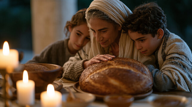 Rosh Hashanah eve scene with a multigenerational family gathered around a holiday table set with traditional round challah and honey dishes, warm candlelight, grandmother and