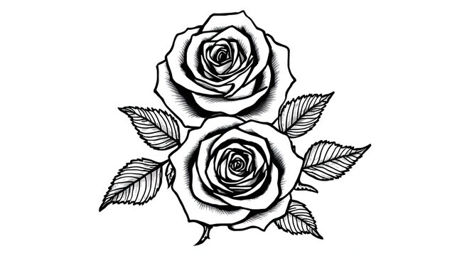 A black and white drawing of two roses close together with detailed petals and leaves