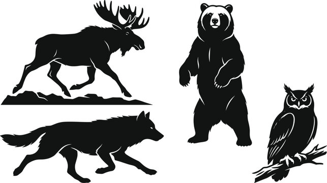Forest Wild Animals Silhouette Set with Moose Bear Wolf and Owl Vector Illustration