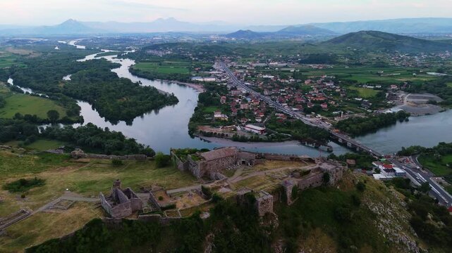 Aerial view of Rozafa Castle in Shkod&euml;r, Albania. Historical fortress panorama with Drin and Buna rivers, bridge, and scenic Balkan landscape