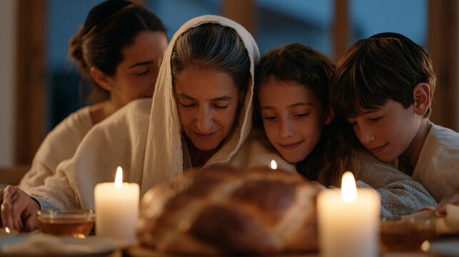 Rosh Hashanah eve scene with a multigenerational family gathered around a holiday table set with traditional round challah and honey dishes, warm candlelight, grandmother and