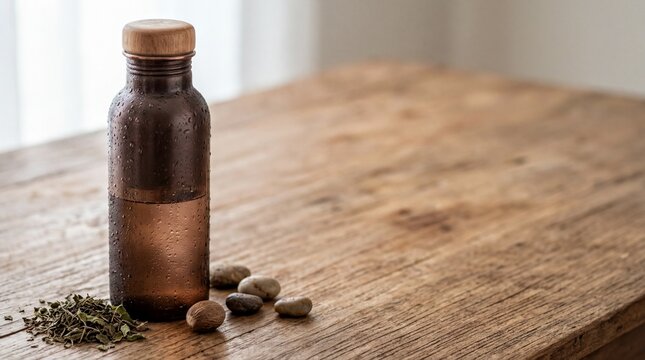 ayurvedic drinkware, a copper bottle with condensation sits on wooden surface, half-filled with water