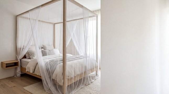 bedroom decor ideas, a serene bedroom featuring a cozy bed with a sheer canopy and spacious layout