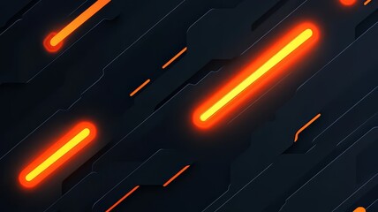 Naklejka premium Abstract dark background featuring futuristic neon orange glowing diagonal lines and metal plates.