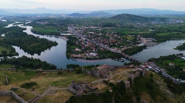 Aerial view of Rozafa Castle in Shkod&euml;r, Albania. Historical fortress panorama with Drin and Buna rivers, bridge, and scenic Balkan landscape