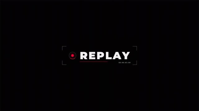 Replay text animation with red status icon on black background, digital video interface 4k video