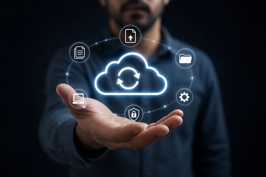 Hand showcases a digital cloud icon surrounded by various service icons, representing comprehensive cloud computing and data management solutions.