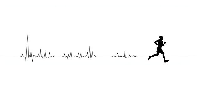 The image shows a silhouette of a runner positioned on a horizontal heartbeat line resembling an ECG trace