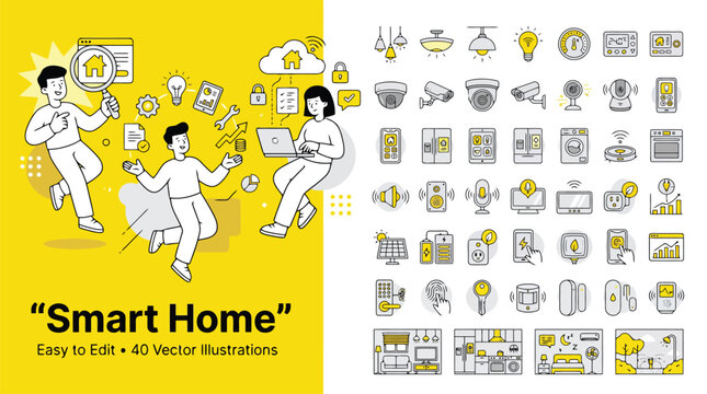 Smart Home automation vector illustrations, 40 icons for internet of things and home security, modern yellow and black line art set