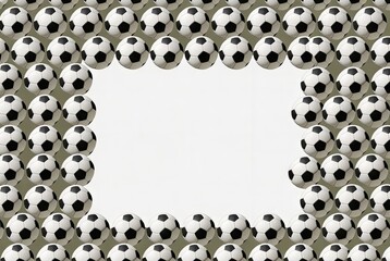 A rectangular frame composed of black and white soccer balls arranged in a repeating pattern, creating a bold and dynamic border