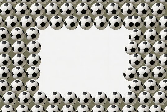 A rectangular frame composed of black and white soccer balls arranged in a repeating pattern, creating a bold and dynamic border

