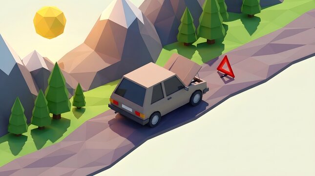 Isometric 3D stranded car on low poly road with warning triangle